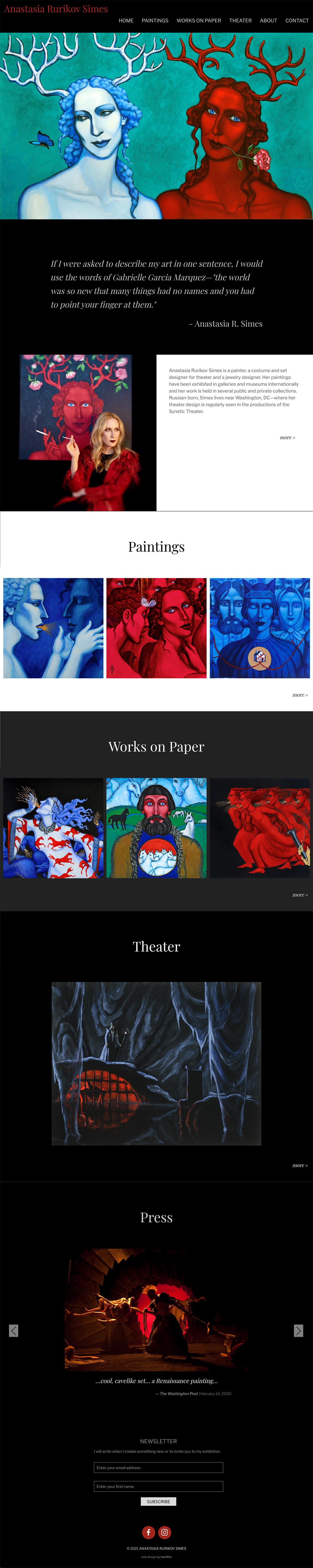 website design for artists-galleries - A bold and dramatic website for a bold and dramatic artist. A long-scrolling homepage introduces you to this multi-talented artist and her work in painting and theater arts.	 - long-scrolling page with rich visual sections to help a user find what they are looking for.