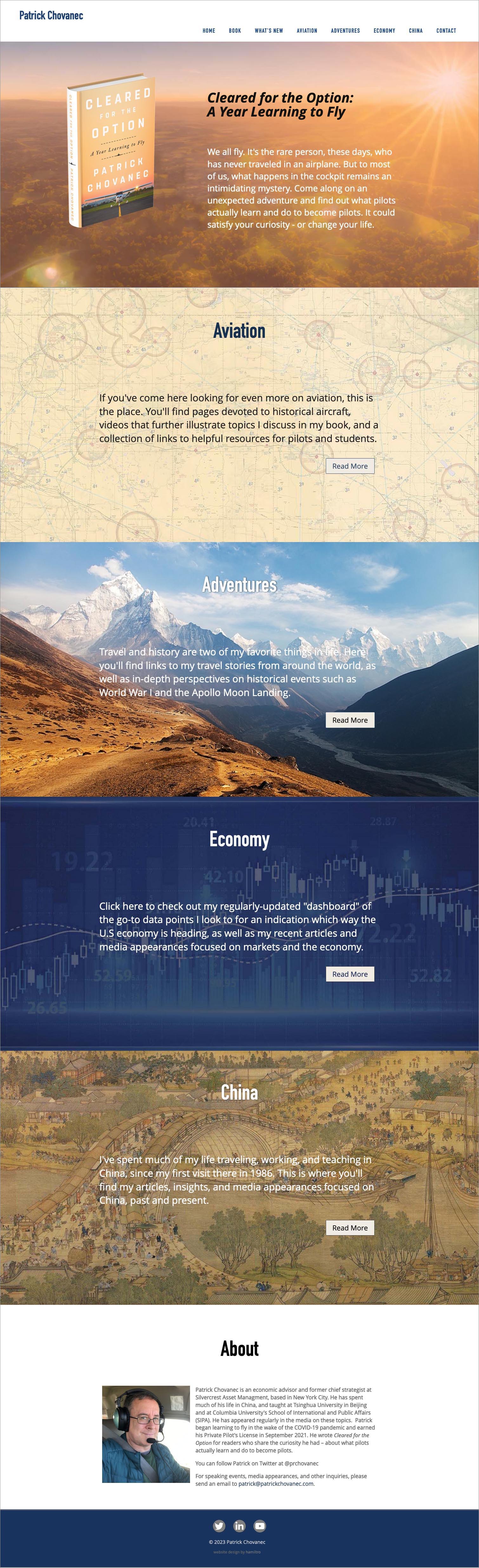 website design for authors - Website designed for an economic advisor who authored a book on his year learning to fly. The website contains stories from many aspects of his eclectic life. - long-scrolling page with rich visual sections to help a user find what they are looking for.
